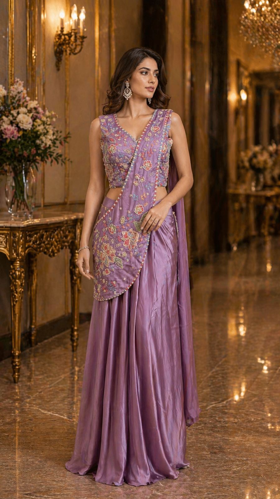 Lavender Pure Armani Imported Satin Ready to Wear Saree