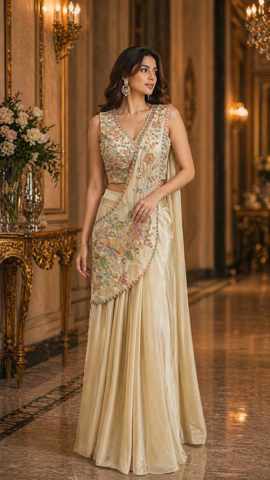 Cream Pure Armani Imported Satin Ready to Wear Saree