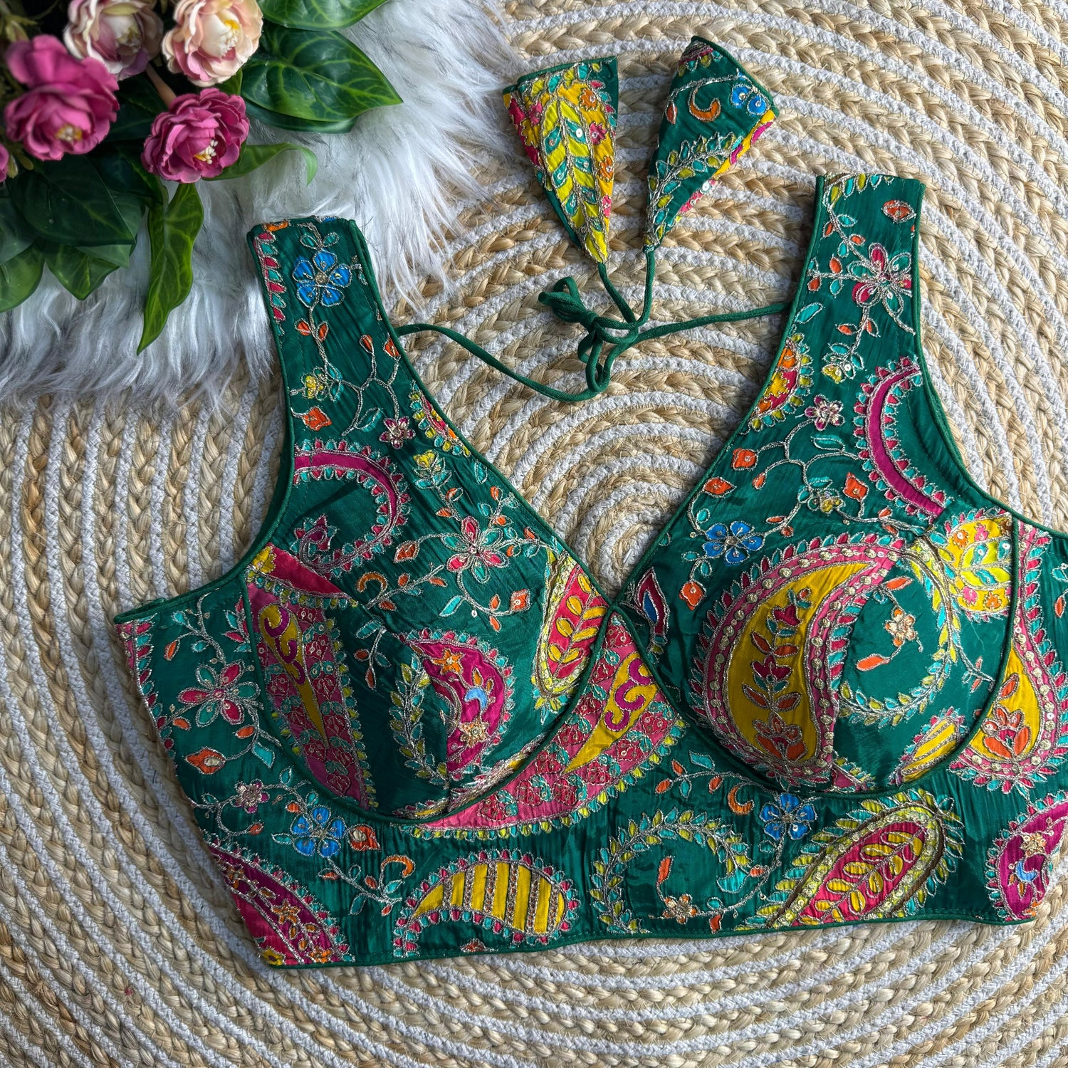 Green Soft Crape Silk Sabyasachi Neck Heavy Long Carry Position Work Blouse 