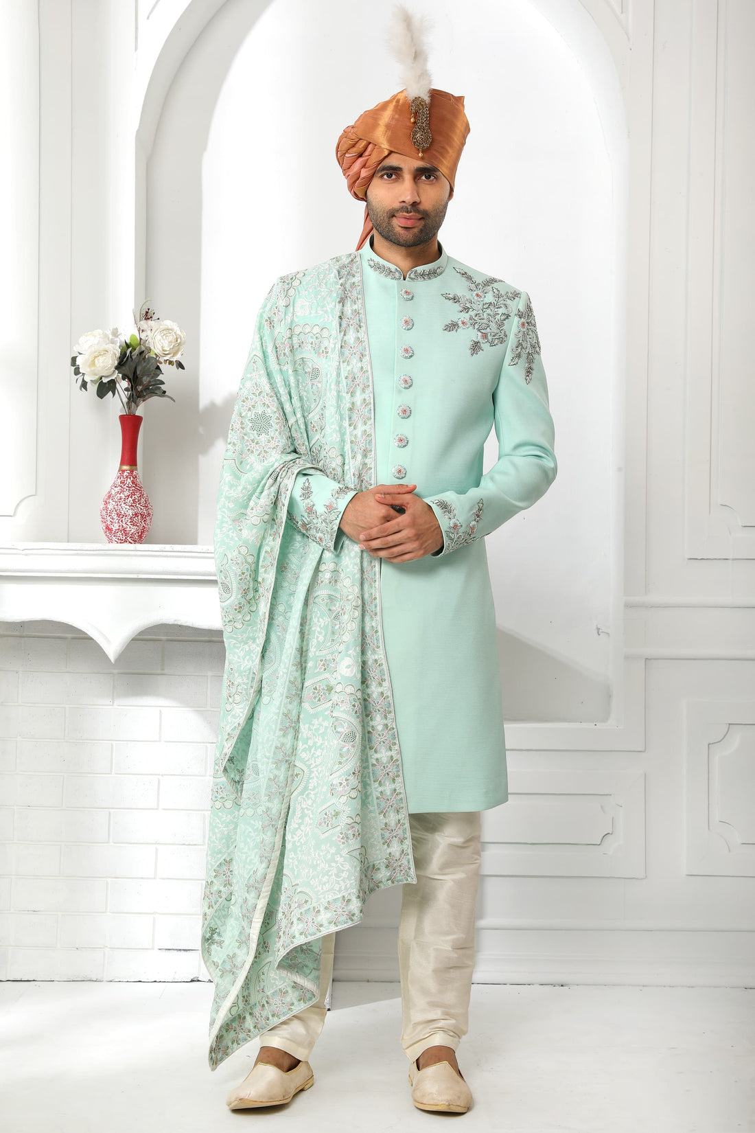 Pista Green Art Silk Sherwani for Men