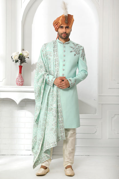 Pista Green Art Silk Sherwani for Men