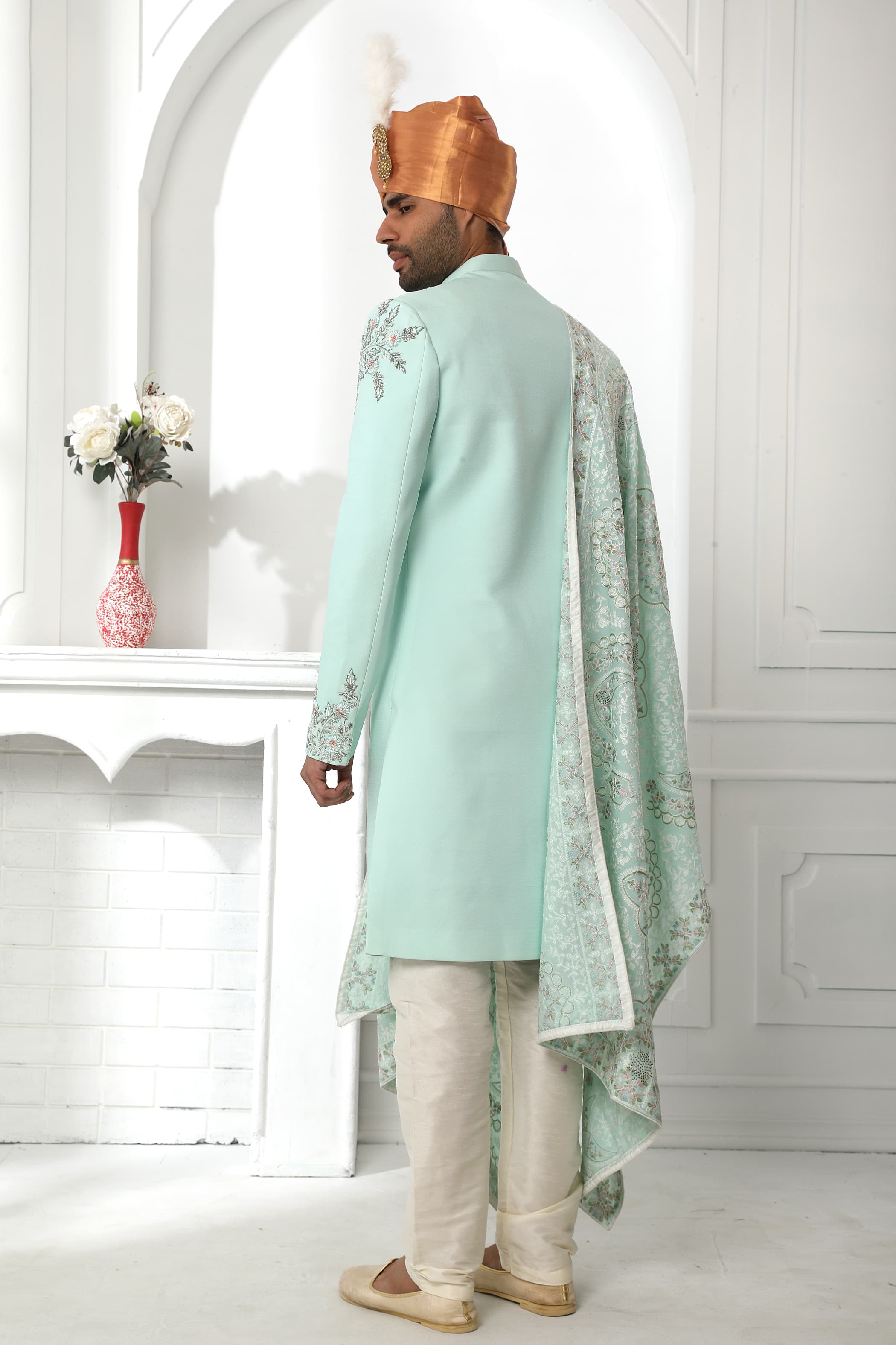 Pista Green Art Silk Sherwani for Men
