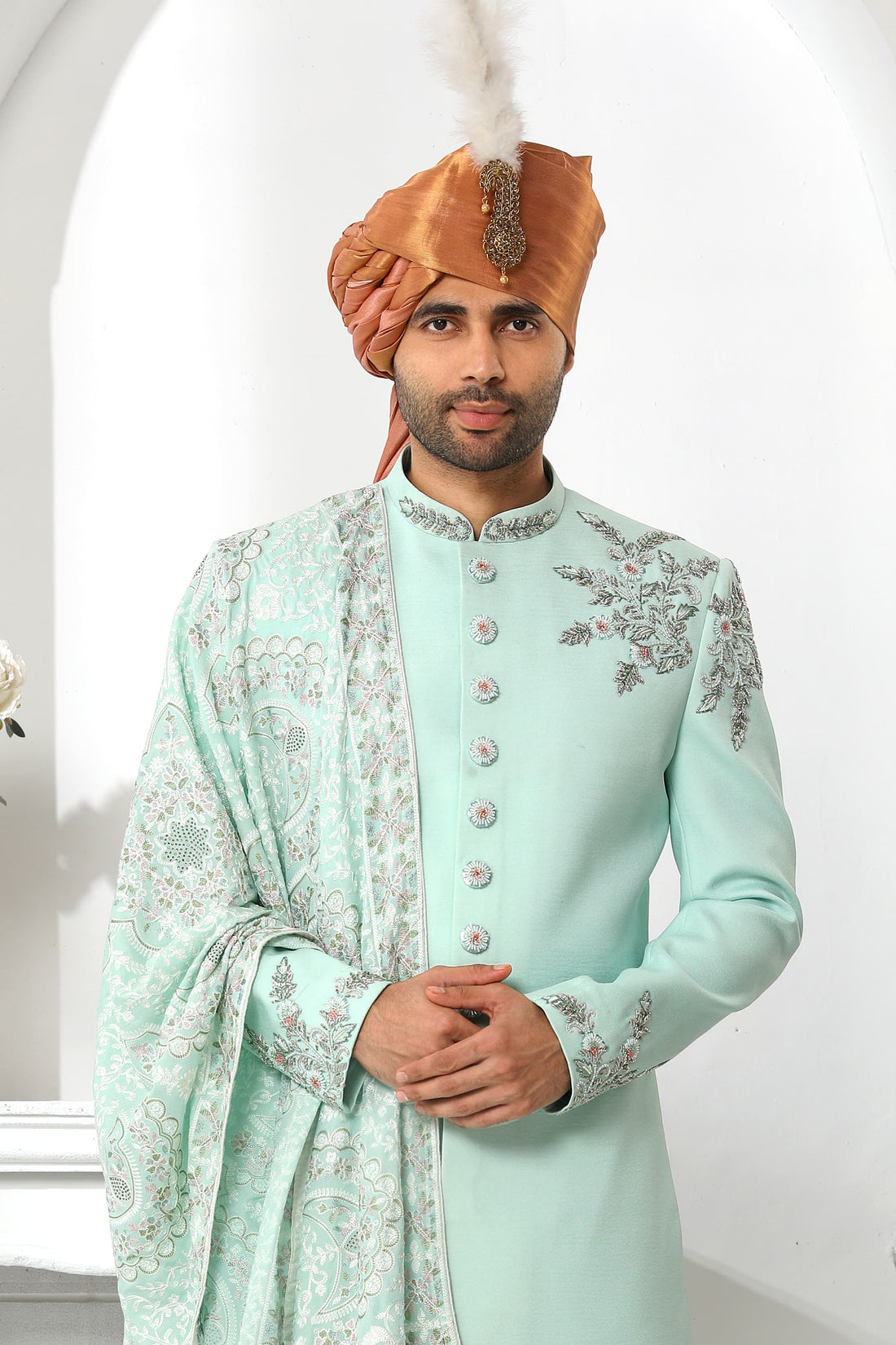 Pista Green Art Silk Sherwani for Men