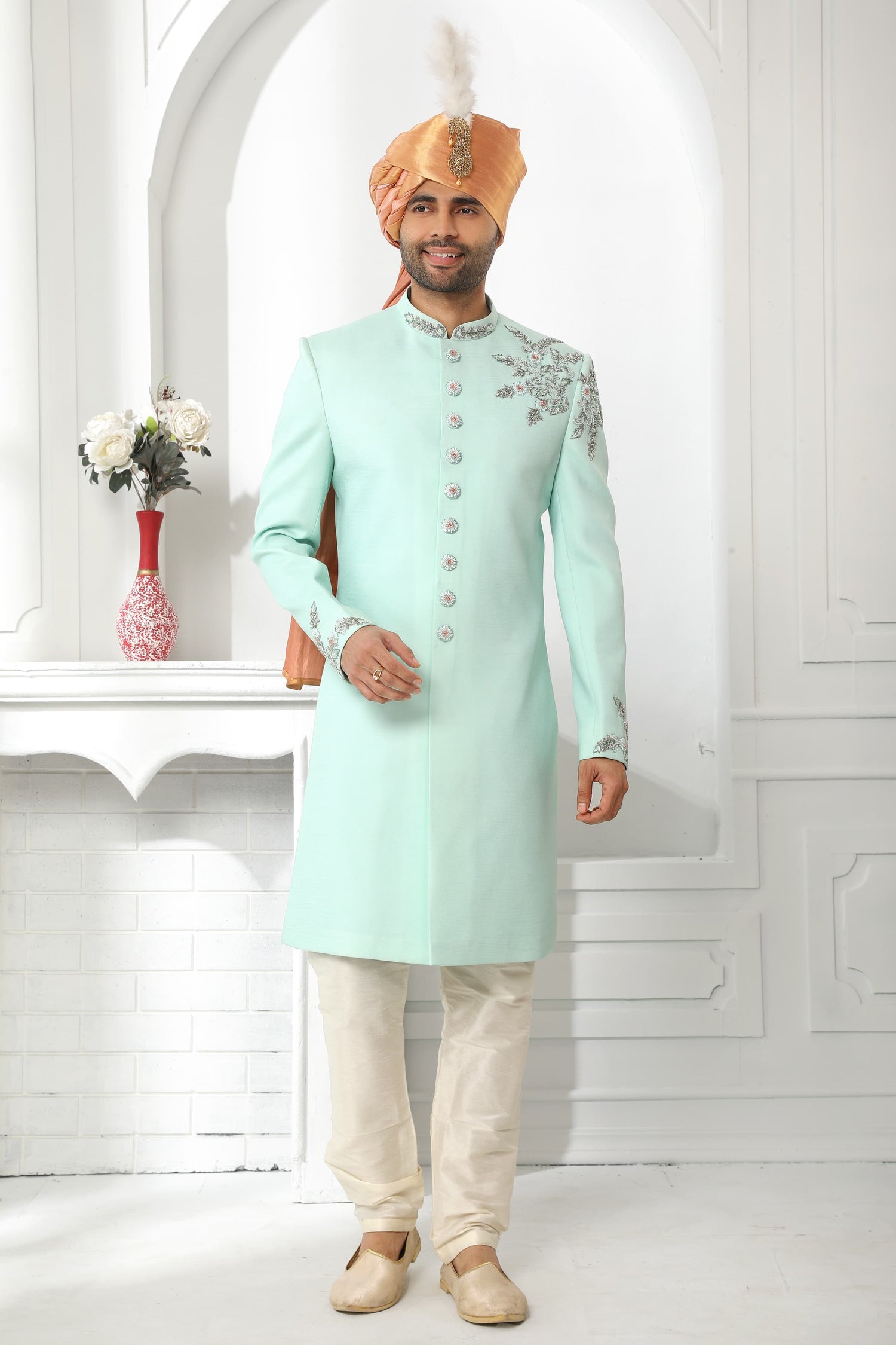 Pista Green Art Silk Sherwani for Men