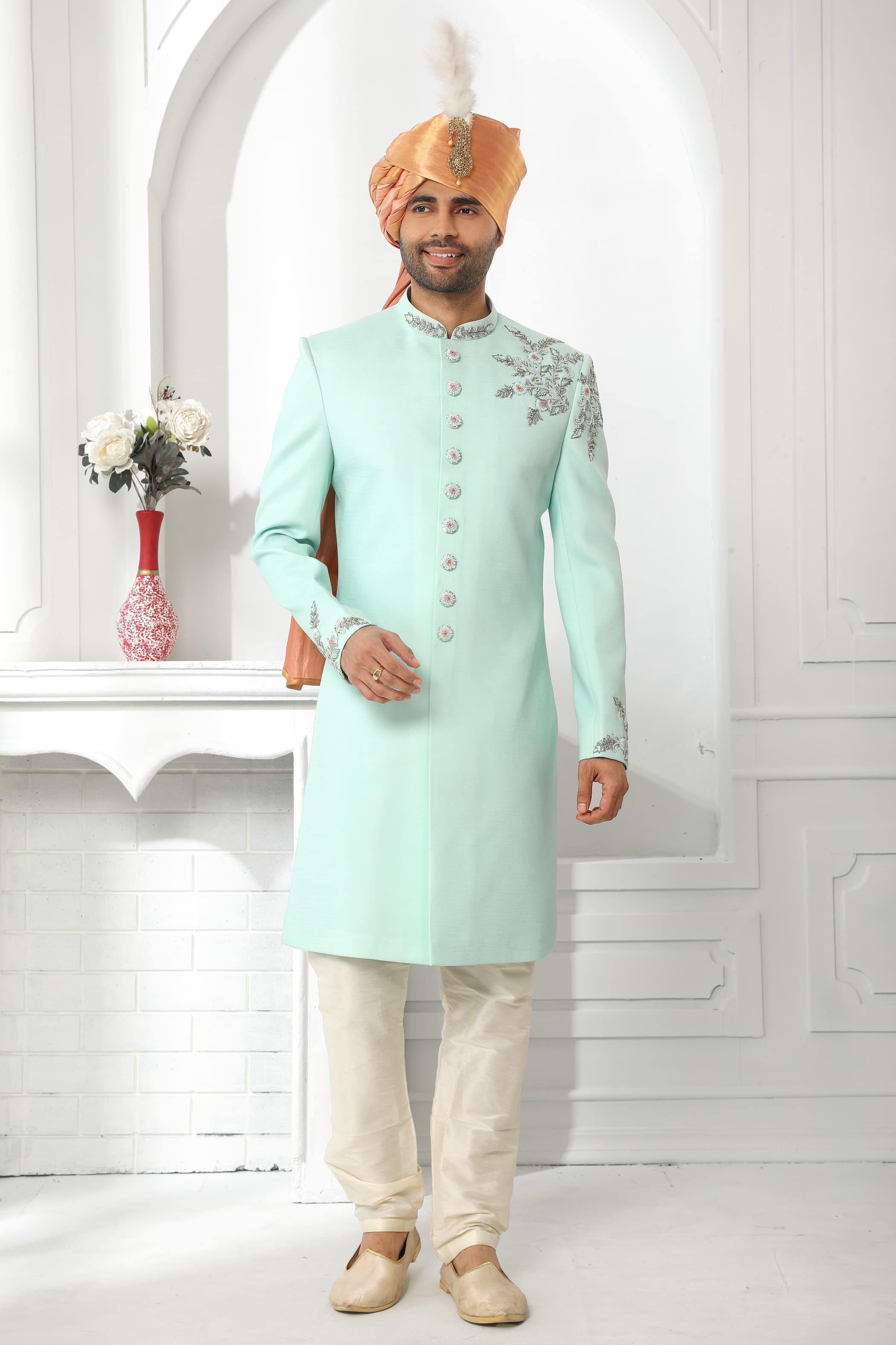 Pista Green Art Silk Sherwani for Men