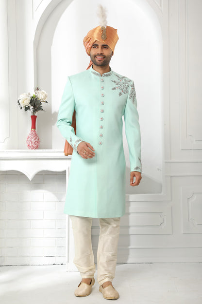 Pista Green Art Silk Sherwani for Men