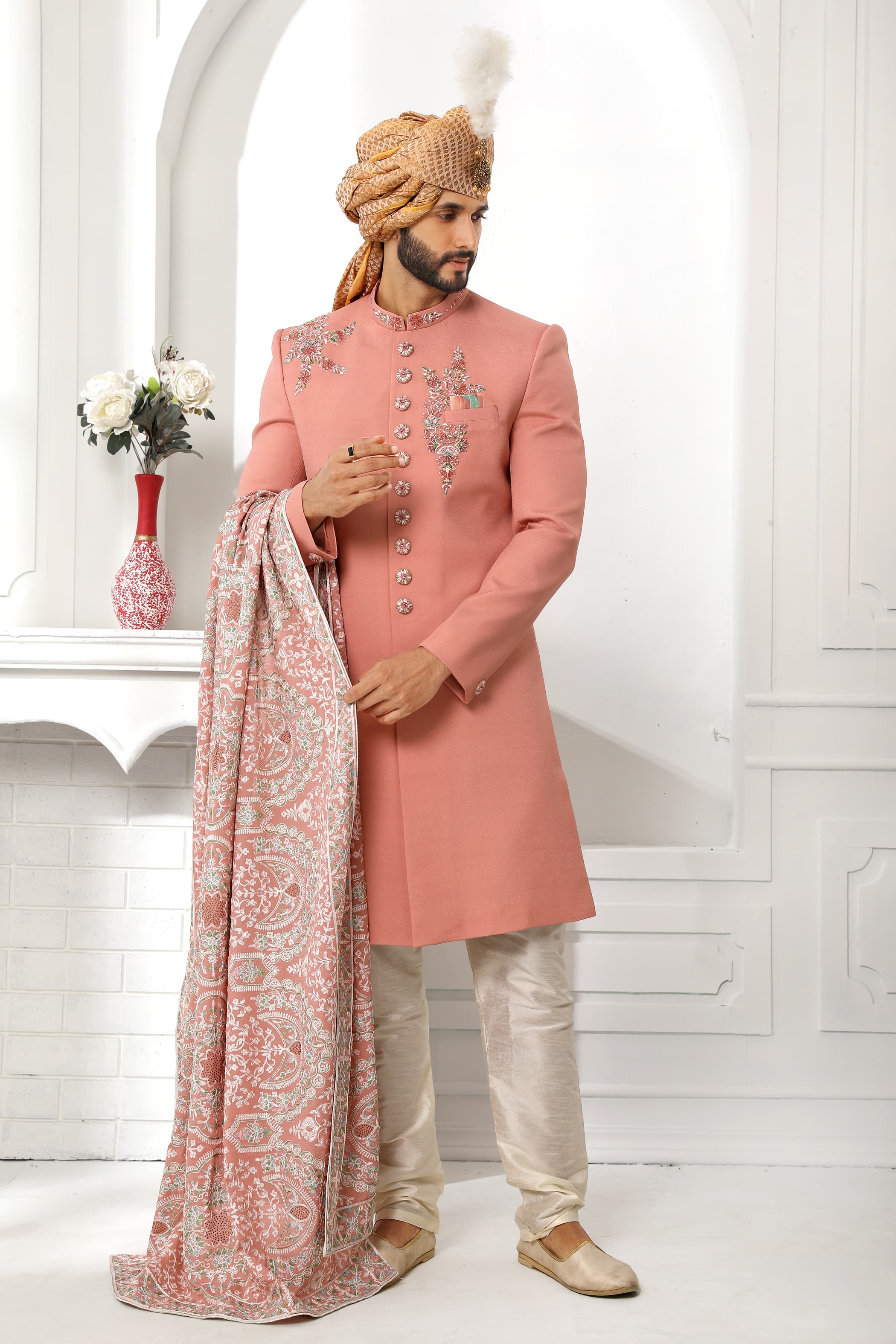 Dark Peach Art Silk Sherwani for Men with Dupatta