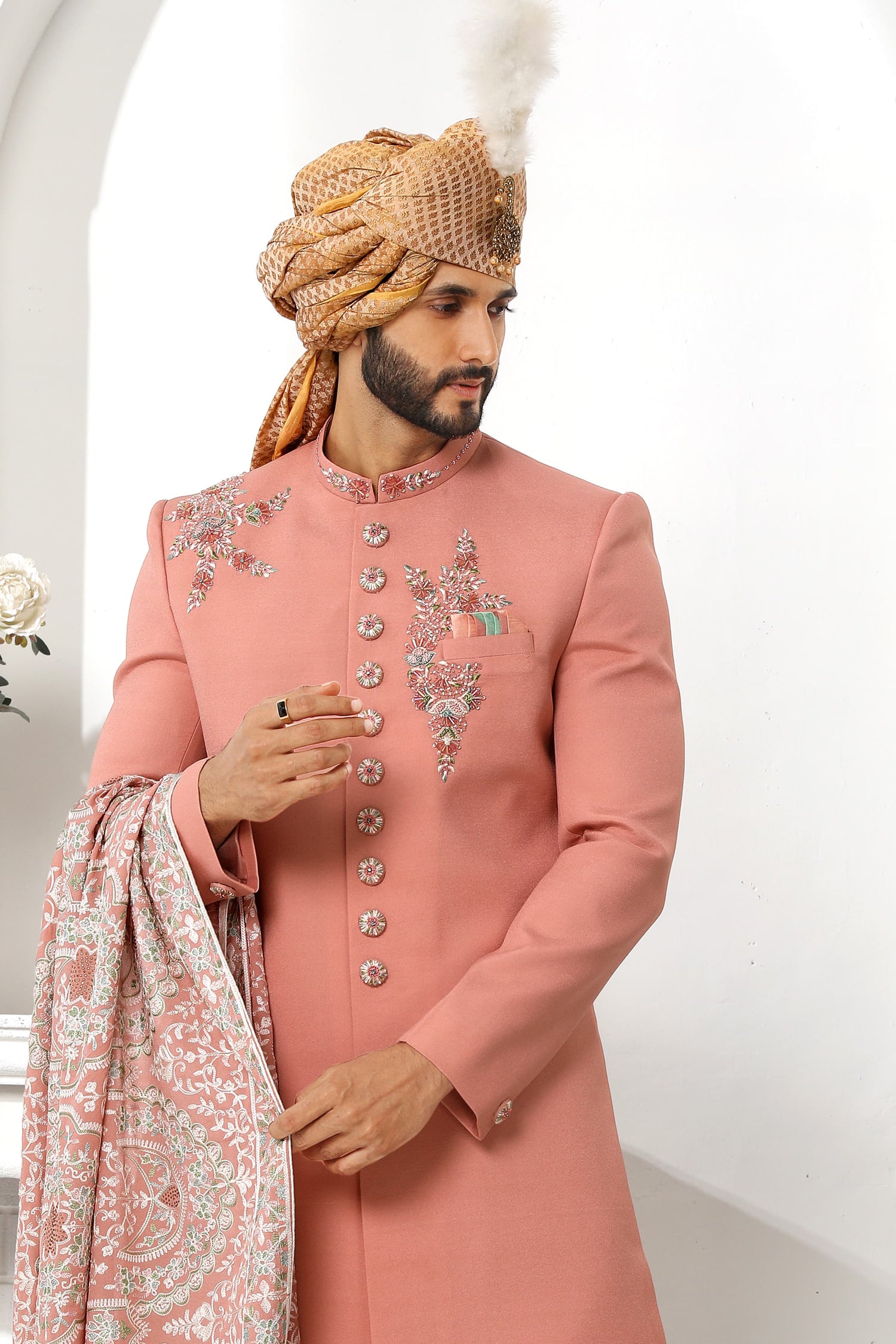 Dark Peach Art Silk Sherwani for Men with Dupatta