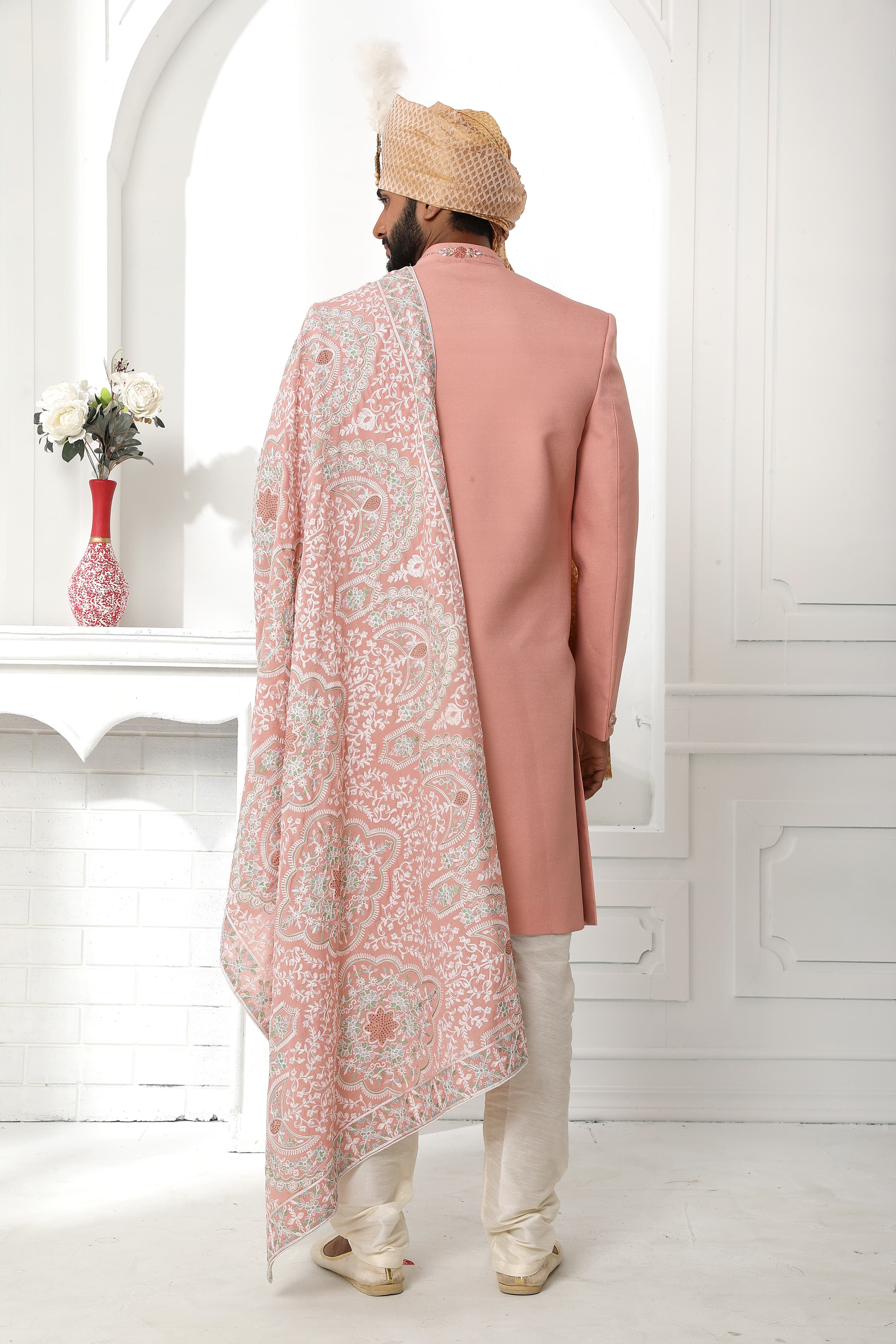 Dark Peach Art Silk Sherwani for Men with Dupatta