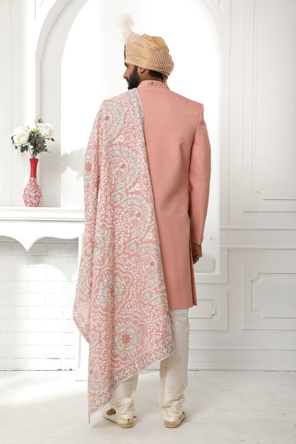Dark Peach Art Silk Sherwani for Men with Dupatta
