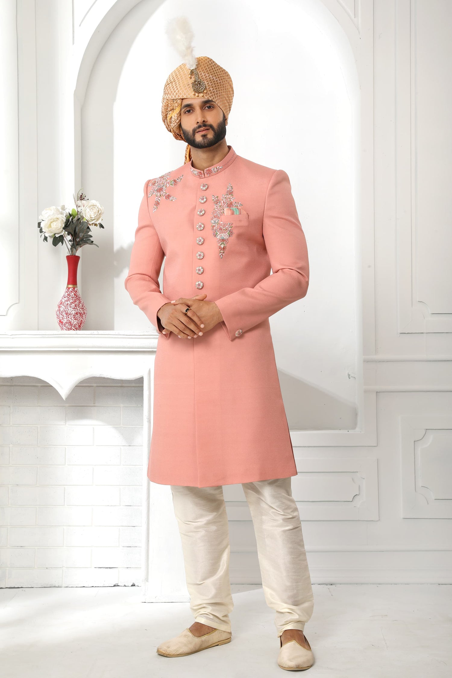 Dark Peach Art Silk Sherwani for Men with Dupatta