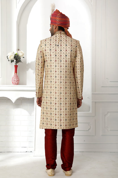 Beige &amp; Maroon Embroidered Sherwani for Men