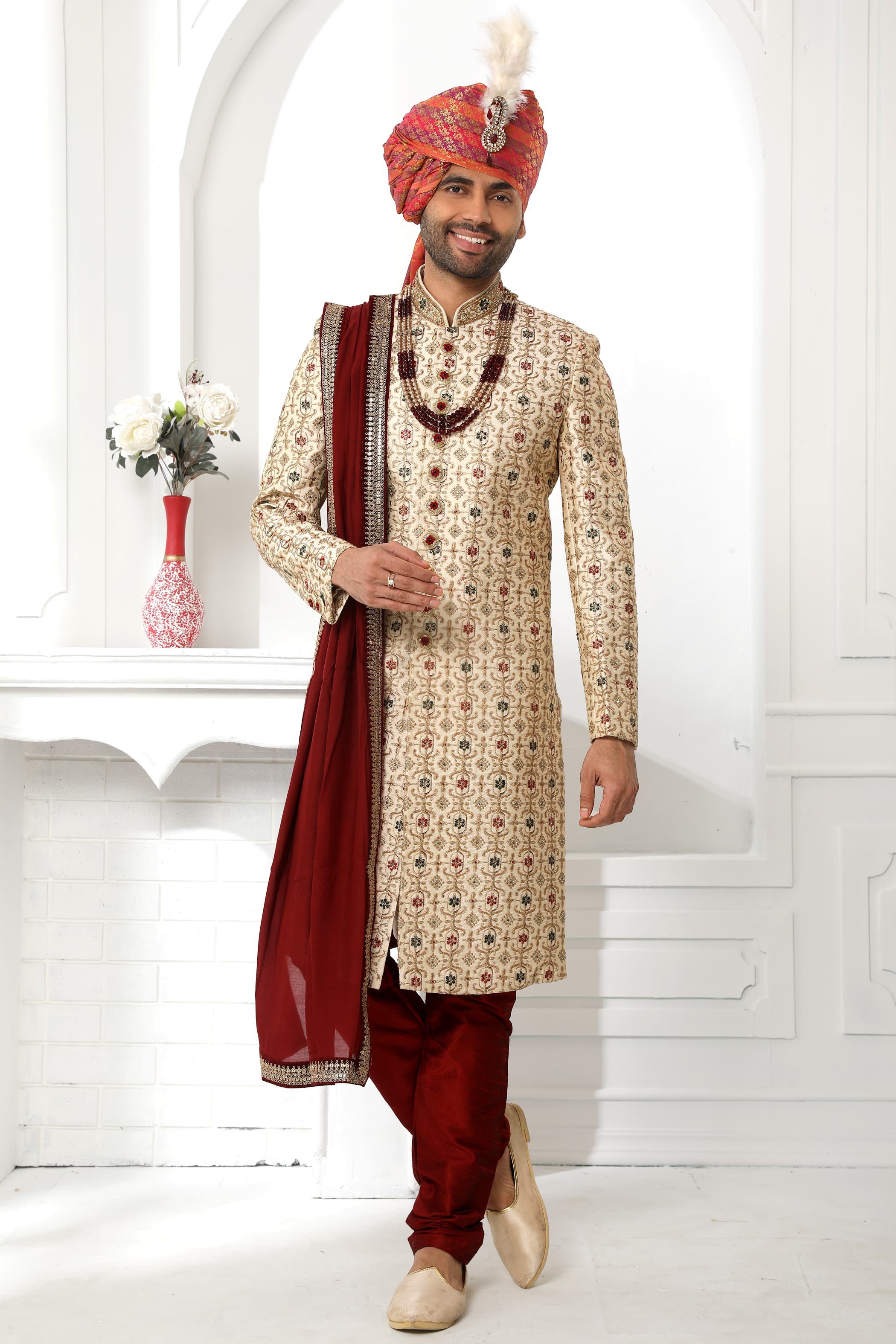 Beige &amp; Maroon Embroidered Sherwani for Men