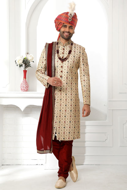 Beige &amp; Maroon Embroidered Sherwani for Men