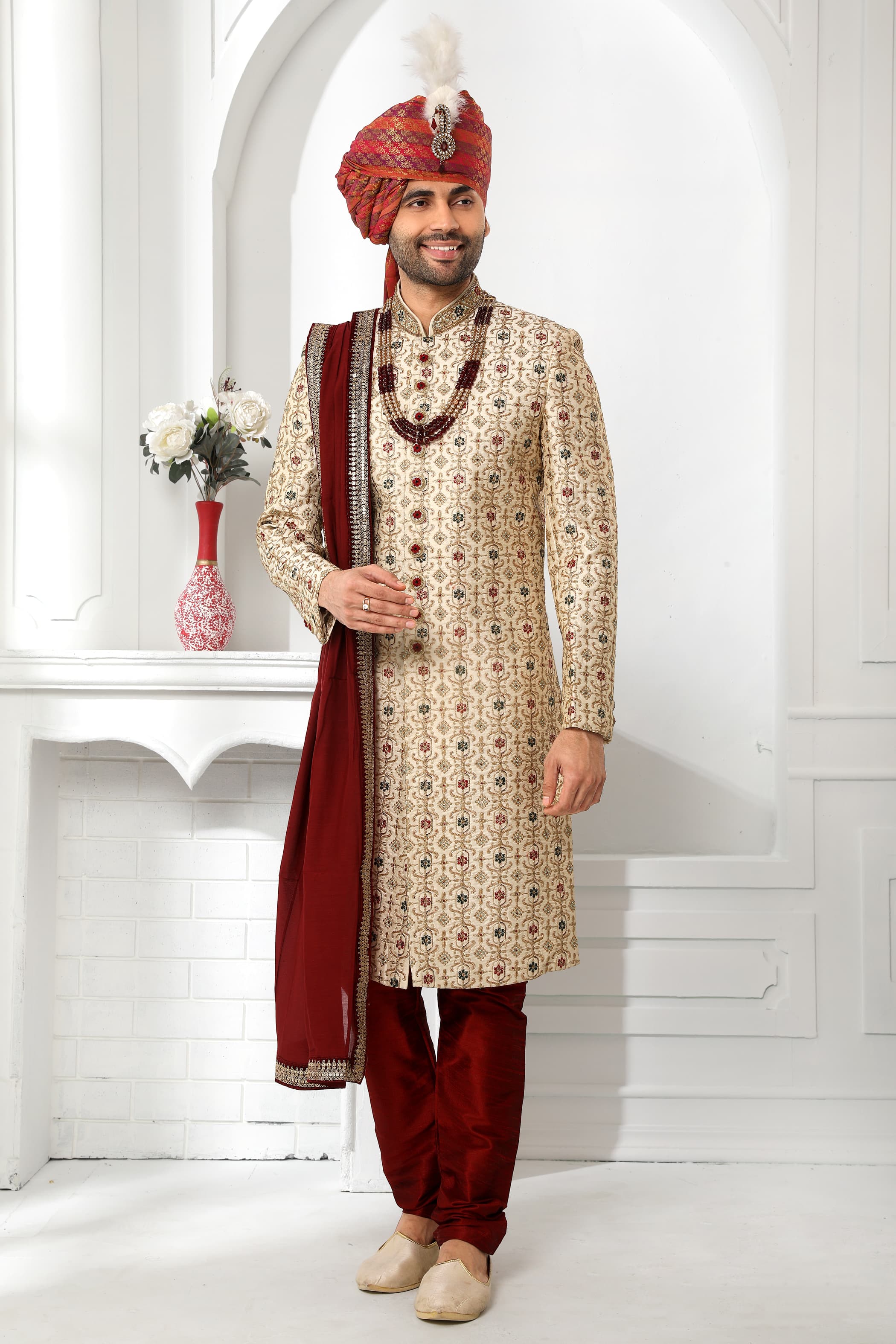 Beige &amp; Maroon Embroidered Sherwani for Men