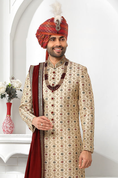 Beige &amp; Maroon Embroidered Sherwani for Men