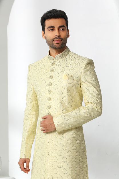 Pastel Yellow Embroidered Sherwani for Men