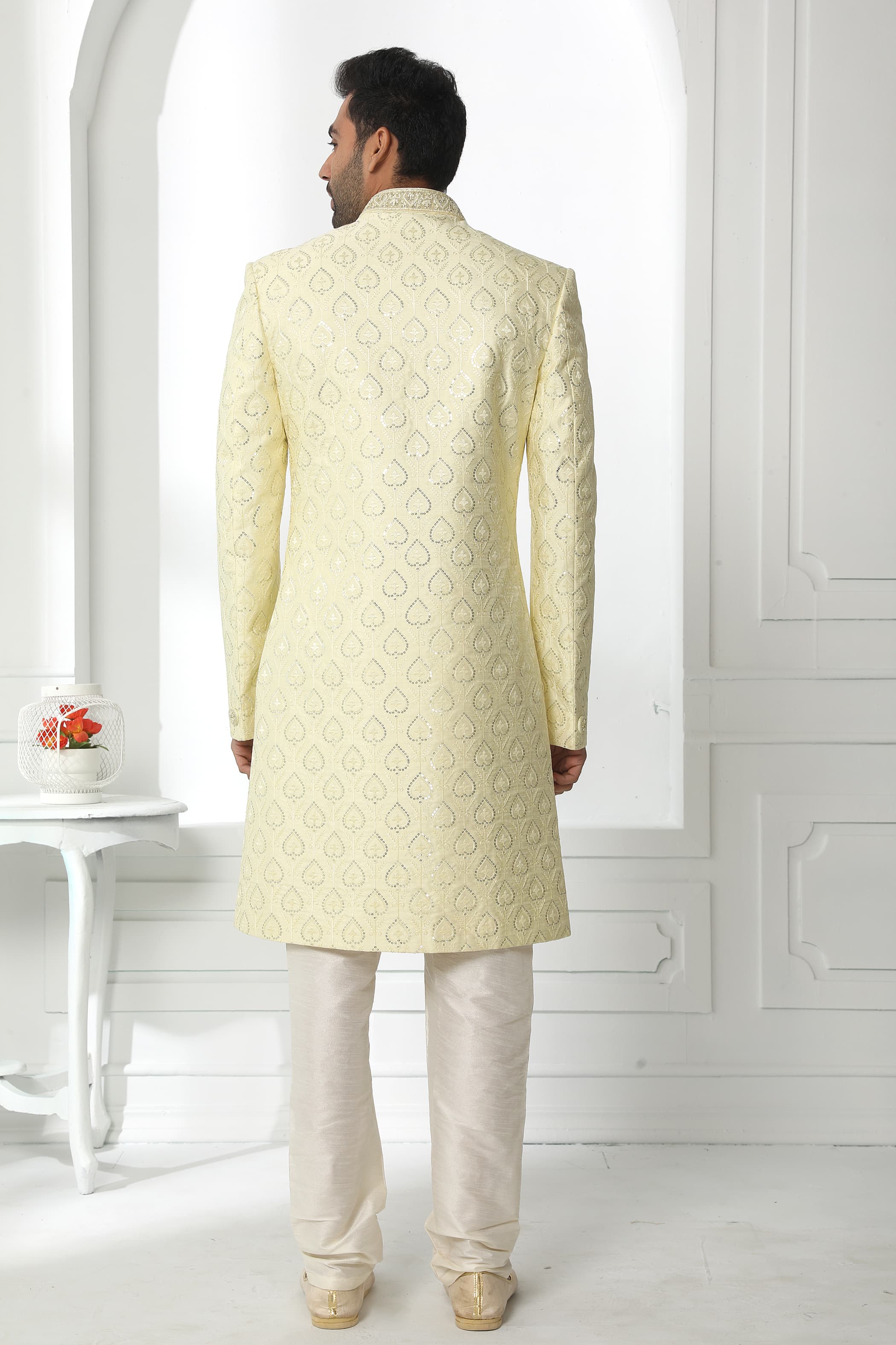 Pastel Yellow Embroidered Sherwani for Men