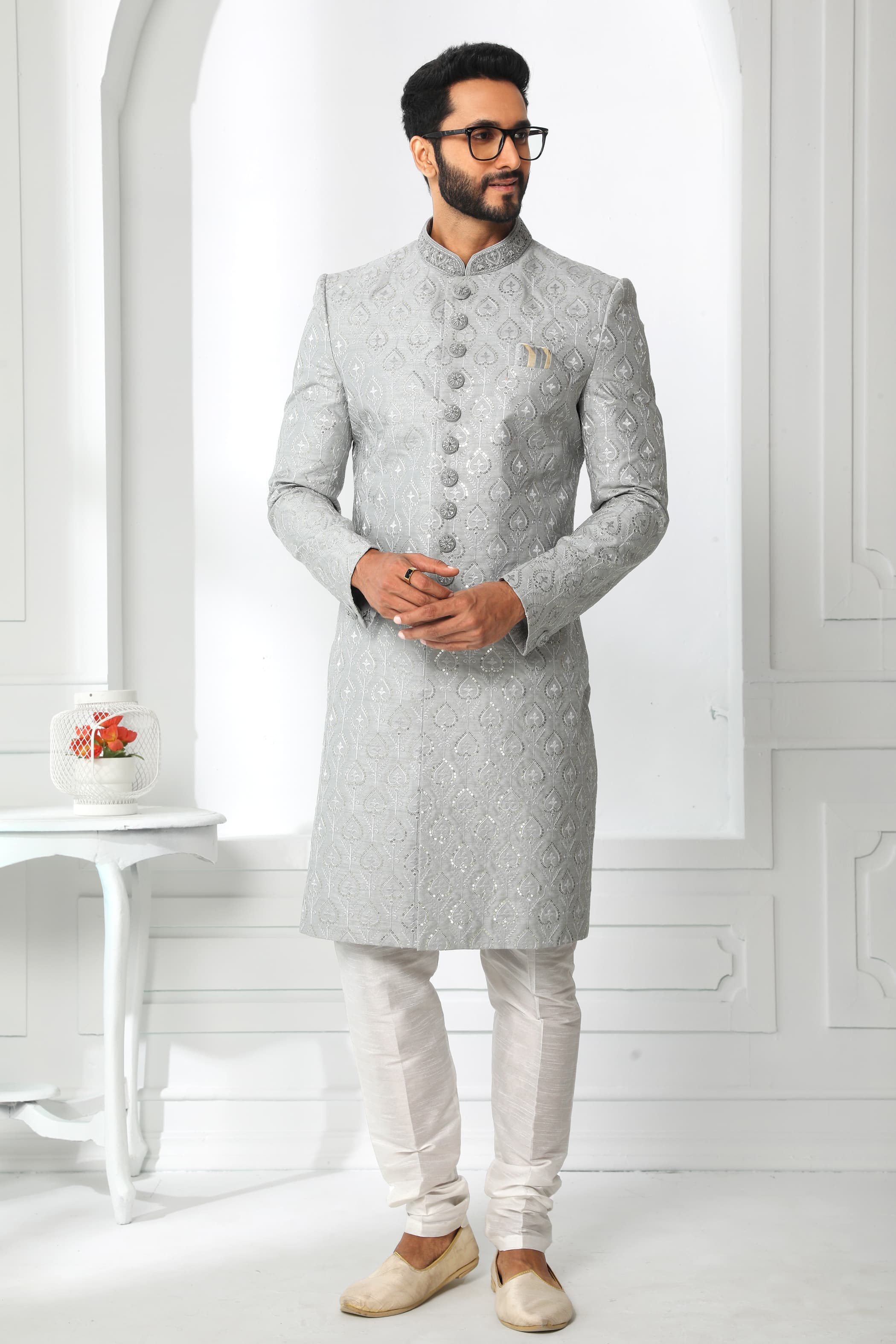 Grey Embroidered Sherwani for Men