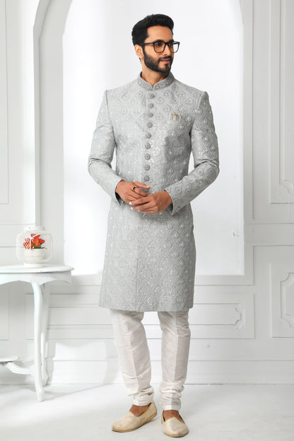 Grey Embroidered Sherwani for Men