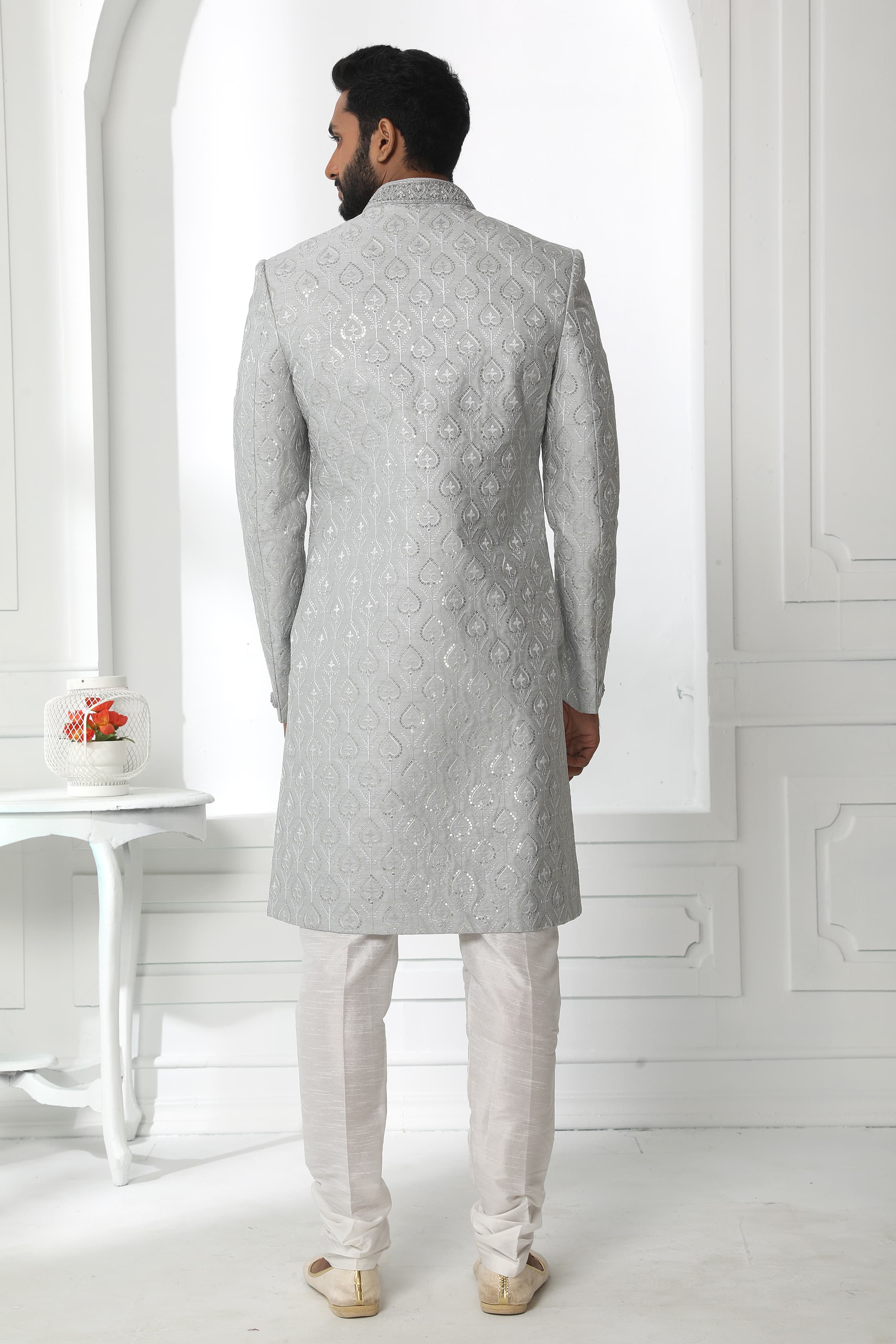 Grey Embroidered Sherwani for Men