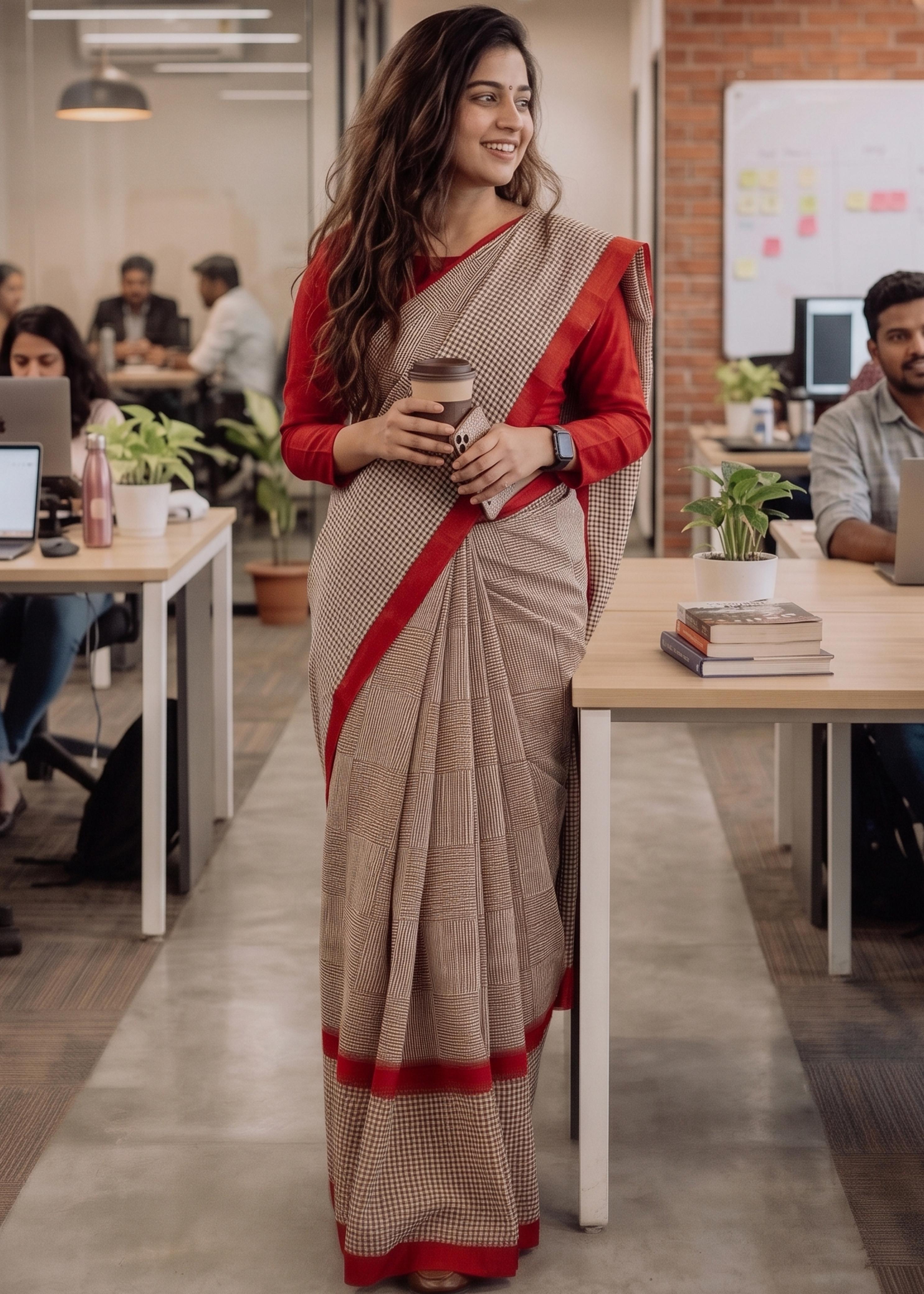 Red Mulmul Cotton Checks Hand Block Print Cotton Saree 