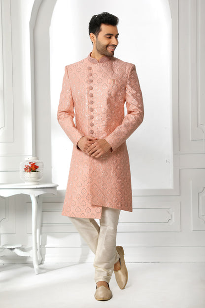 Peach Embroidered Sherwani for Men