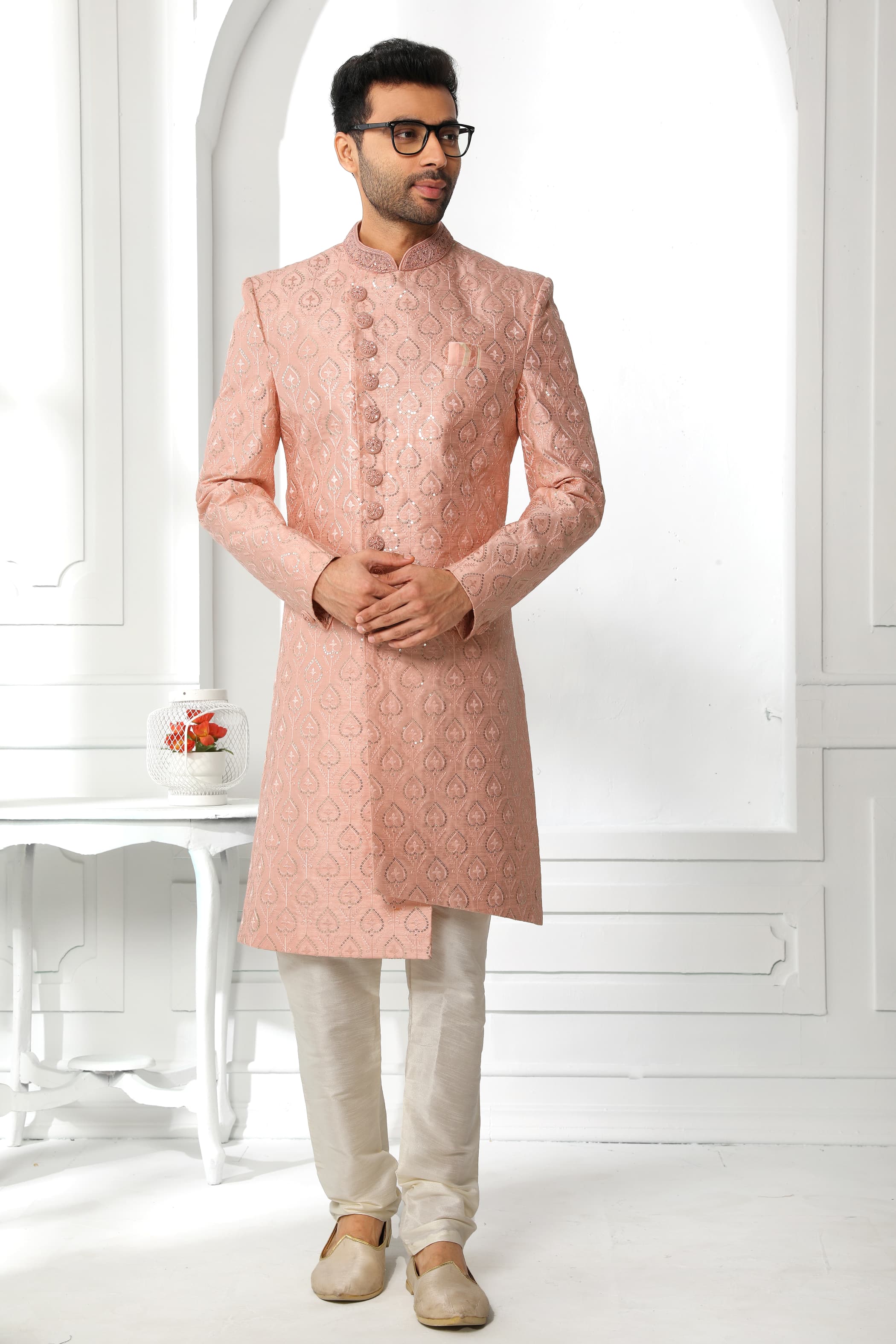 Peach Embroidered Sherwani for Men