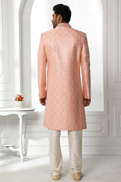 Peach Embroidered Sherwani for Men