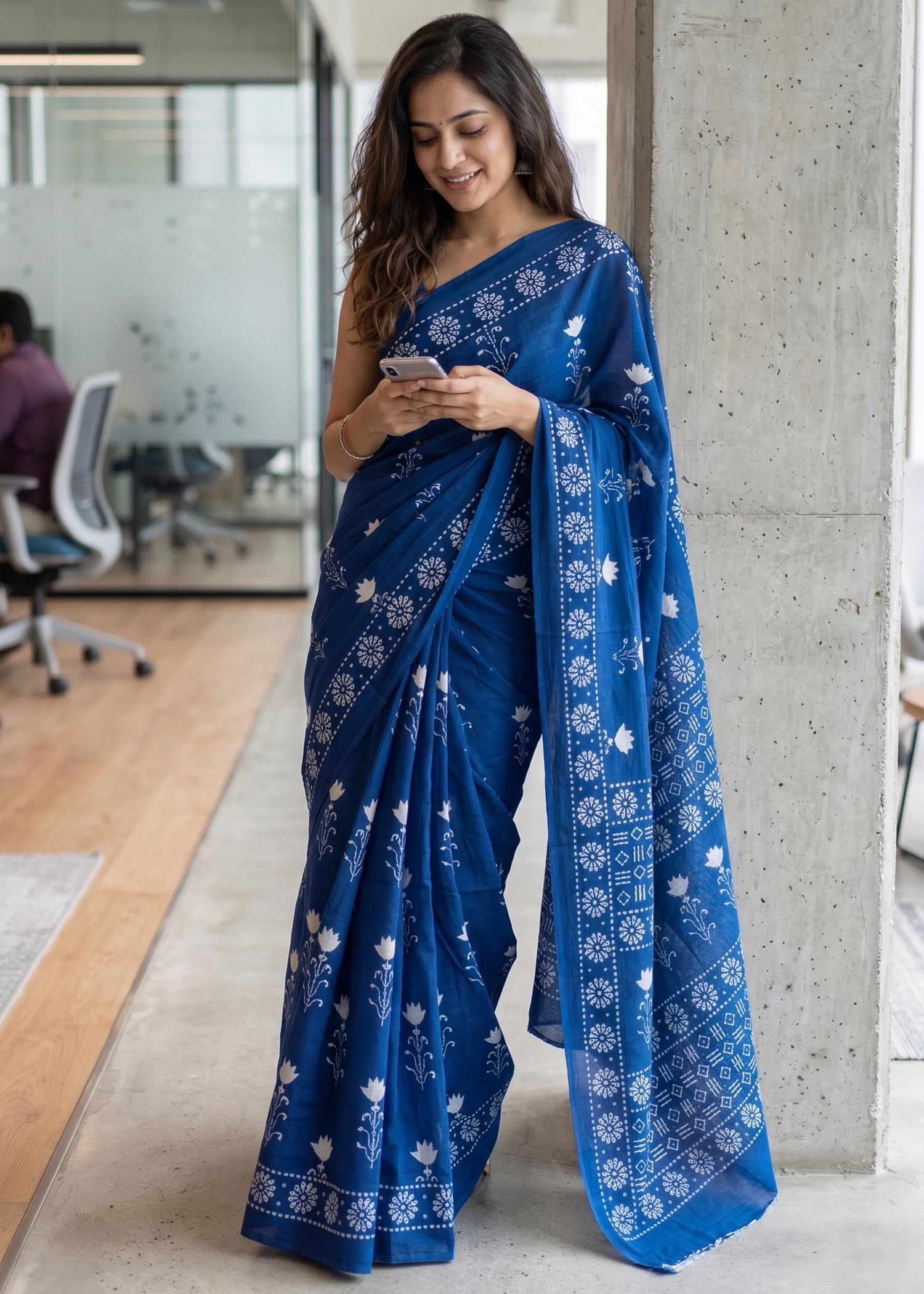 Blue Mulmul Cotton Hand Block Print Cotton Saree 