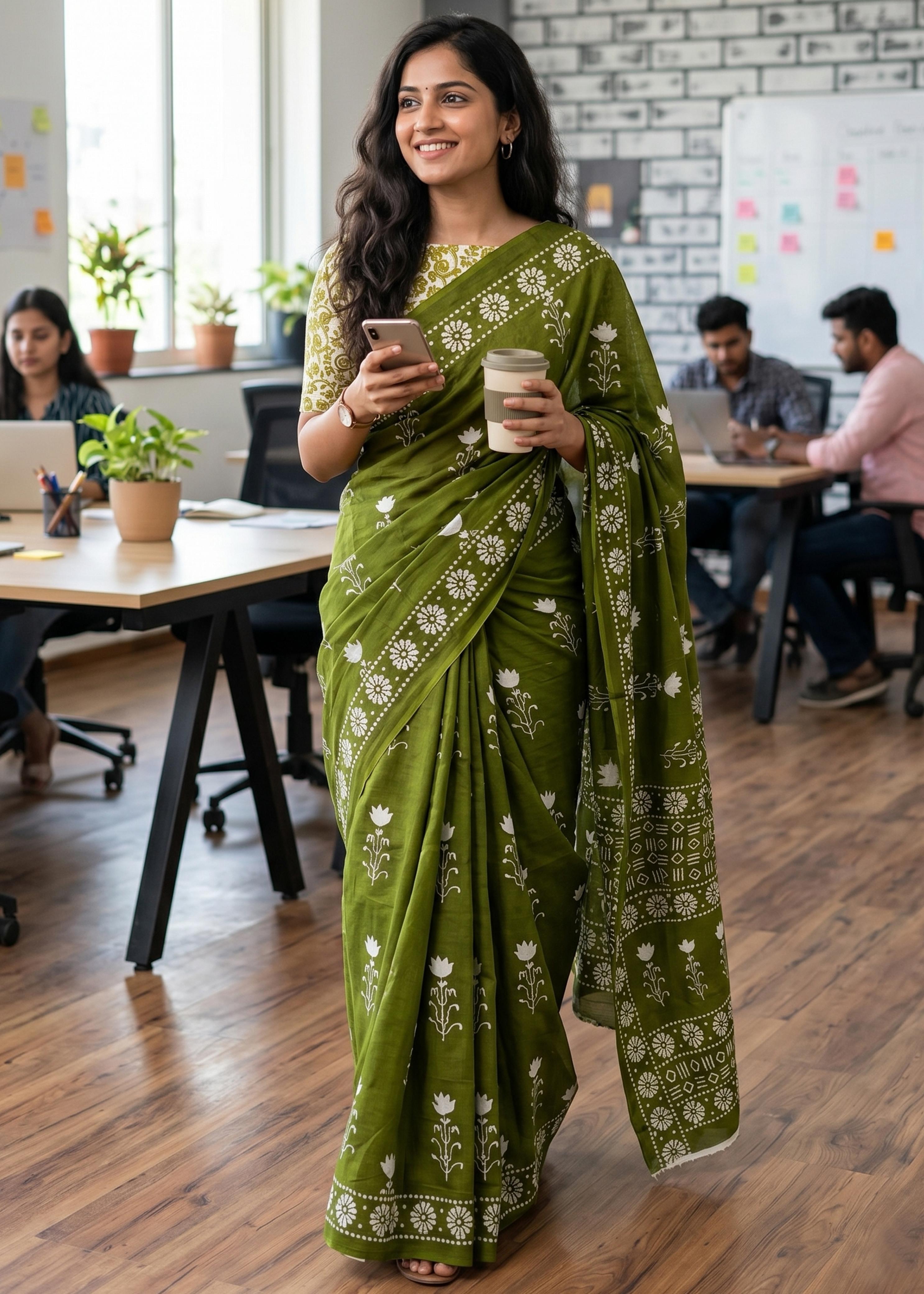 Green Mulmul Cotton Hand Block Print Cotton Saree 