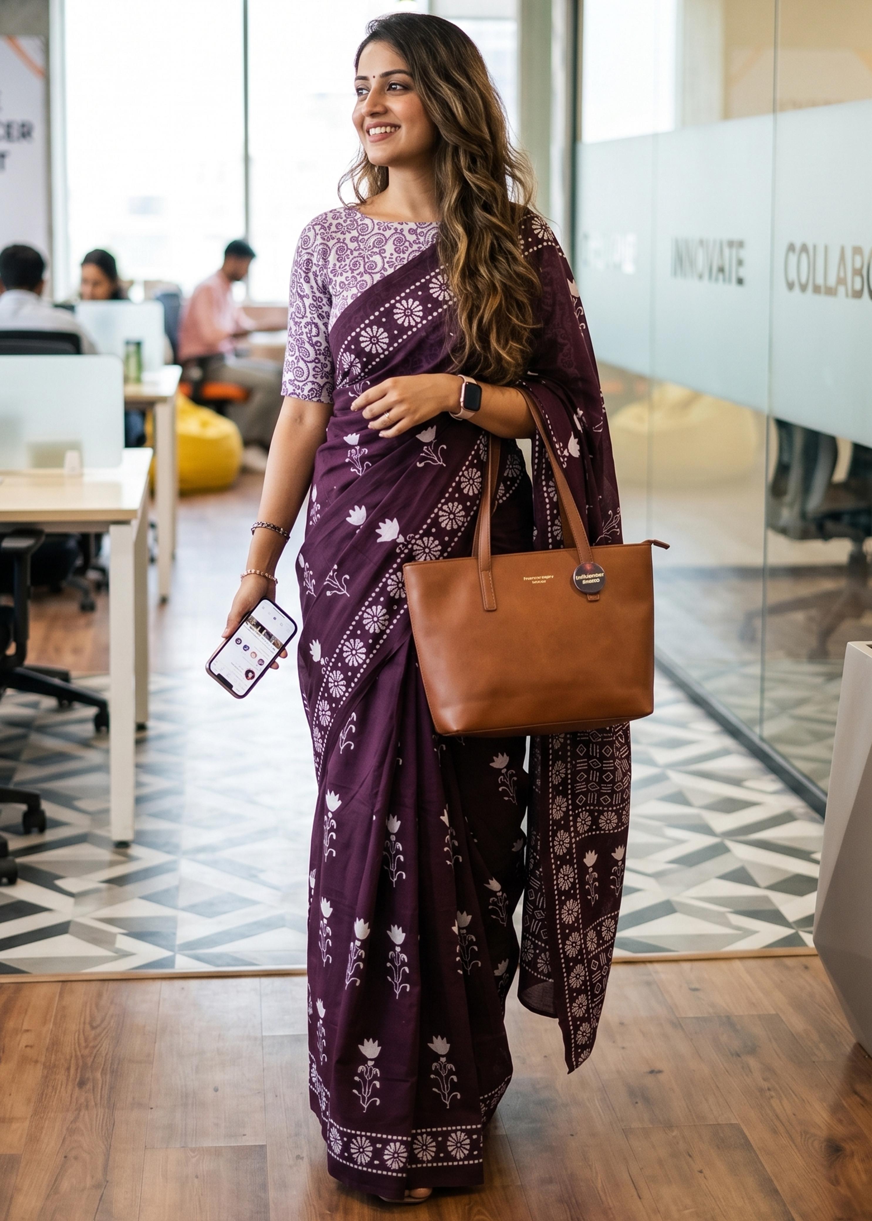 Wine Mulmul Cotton Hand Block Print Cotton Saree 
