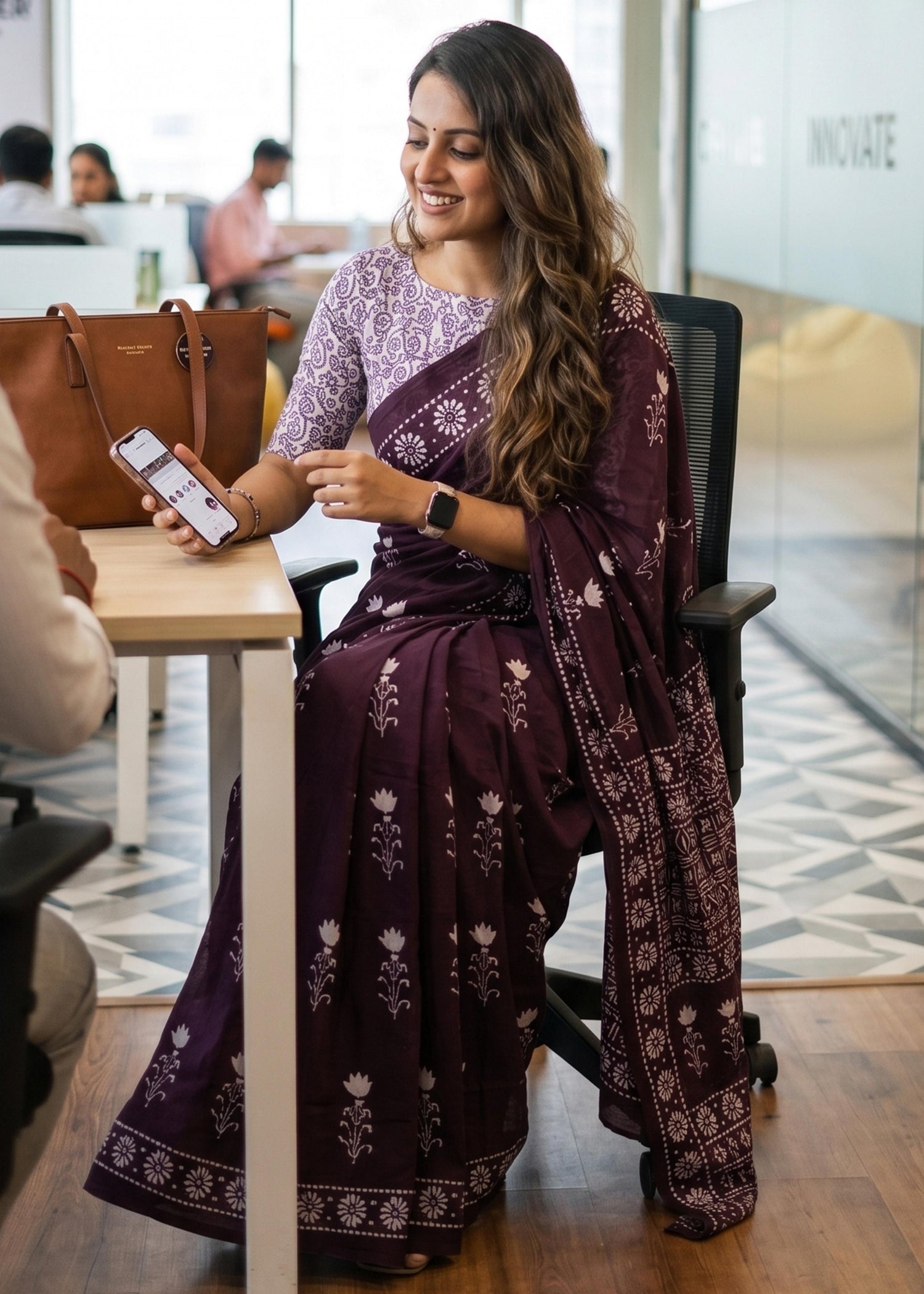 Wine Mulmul Cotton Hand Block Print Cotton Saree 
