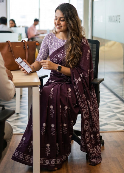 Wine Mulmul Cotton Hand Block Print Cotton Saree 