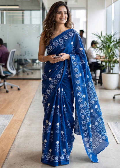 Blue Mulmul Cotton Hand Block Print Cotton Saree 