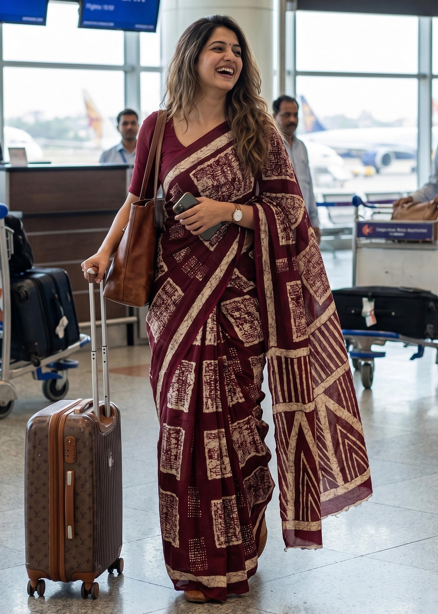 Wine Mulmul Cotton Hand Block Print Cotton Saree 
