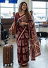 Wine Mulmul Cotton Hand Block Print Cotton Saree 