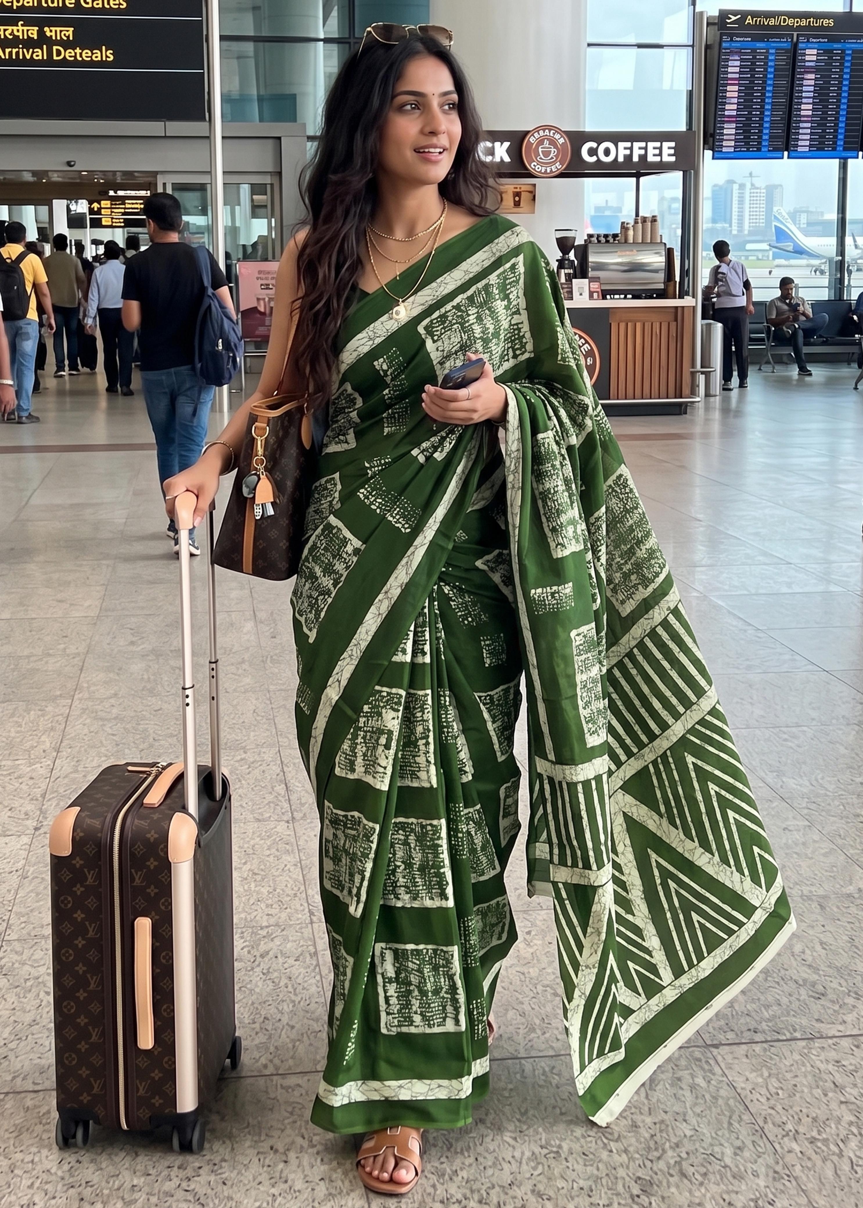 Green Mulmul Cotton Hand Block Print Cotton Saree 