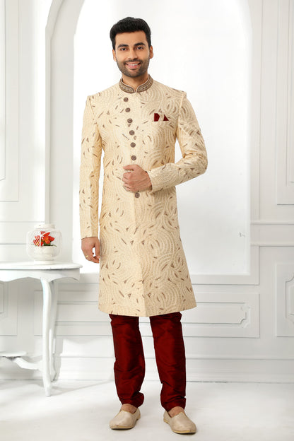 Cream Embroidered Sherwani for Men with Maroon Churidar