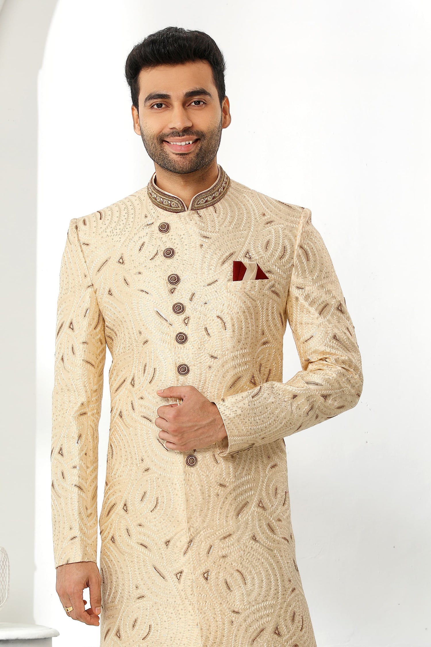 Cream Embroidered Sherwani for Men with Maroon Churidar