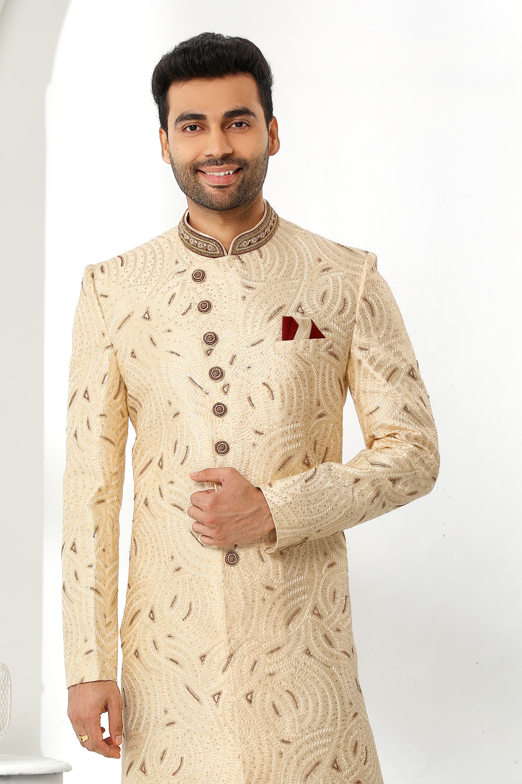 Cream Embroidered Sherwani for Men with Maroon Churidar