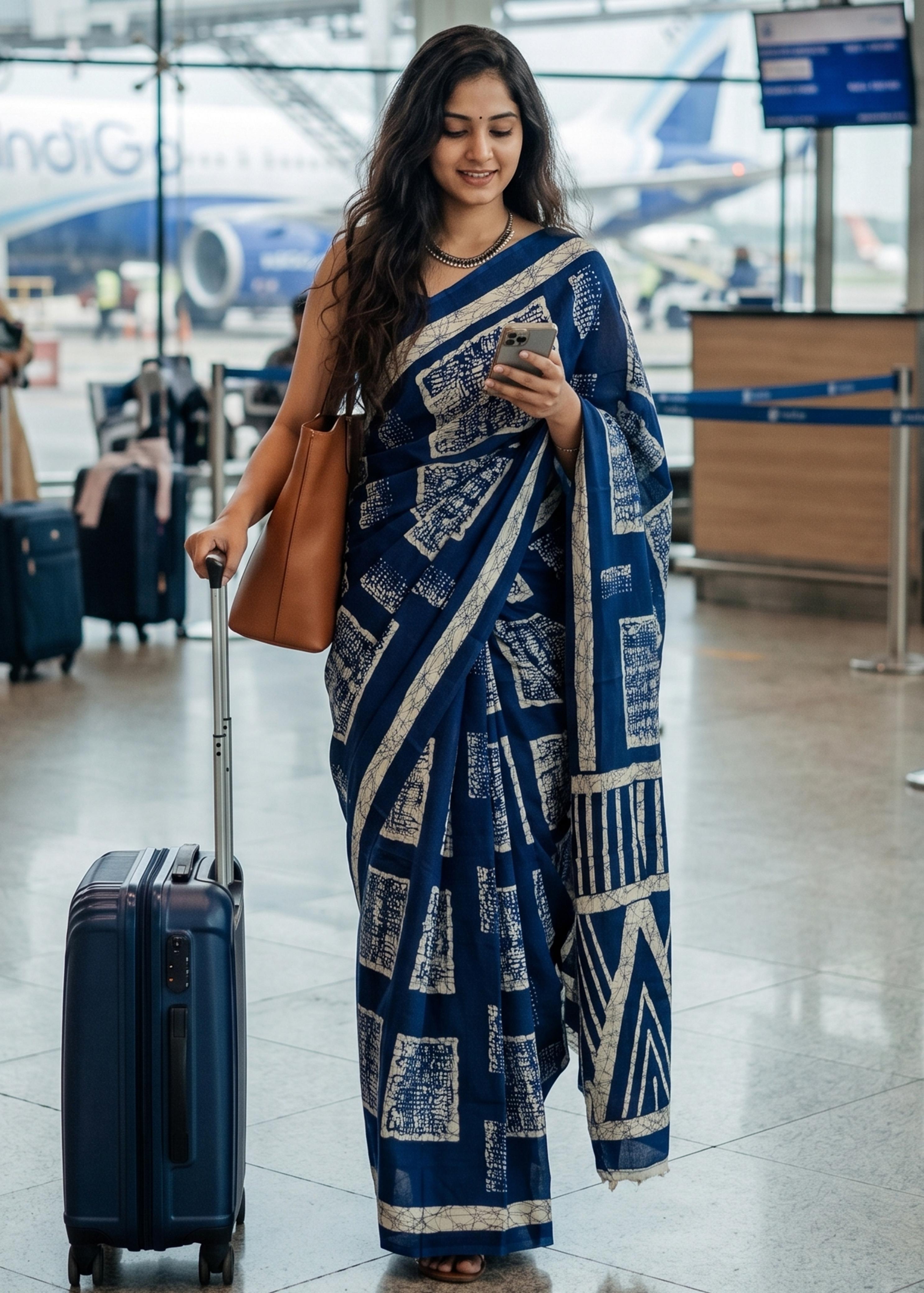 Blue Mulmul Cotton Hand Block Print Cotton Saree 