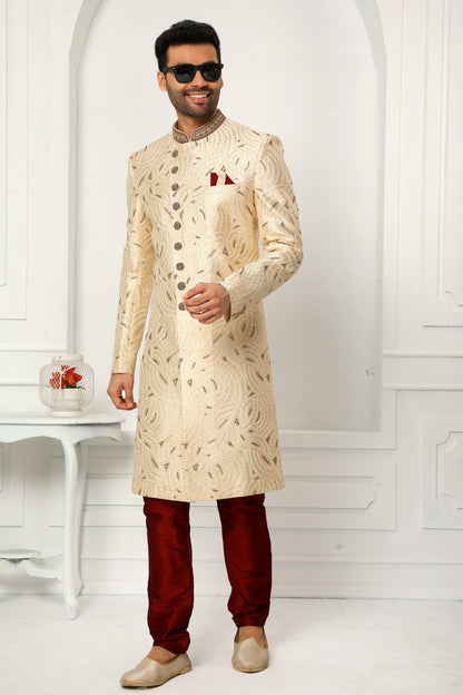 Cream Embroidered Sherwani for Men with Maroon Churidar