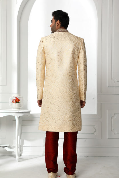 Cream Embroidered Sherwani for Men with Maroon Churidar