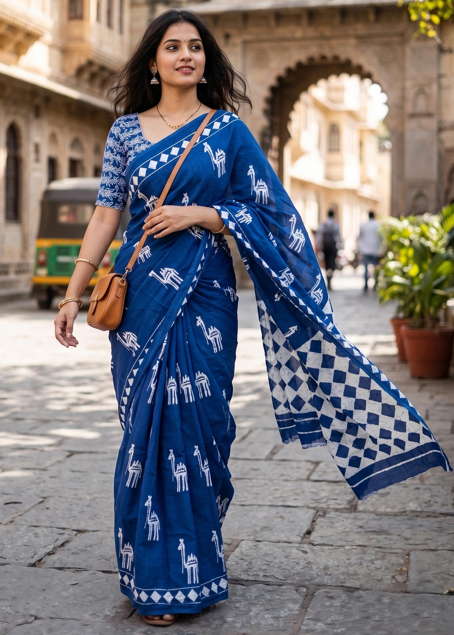 Blue Mulmul Cotton Hand Block Print Cotton Saree 