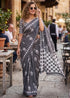 Grey Pure Mulmul Cotton Hand Block Print Cotton Saree 