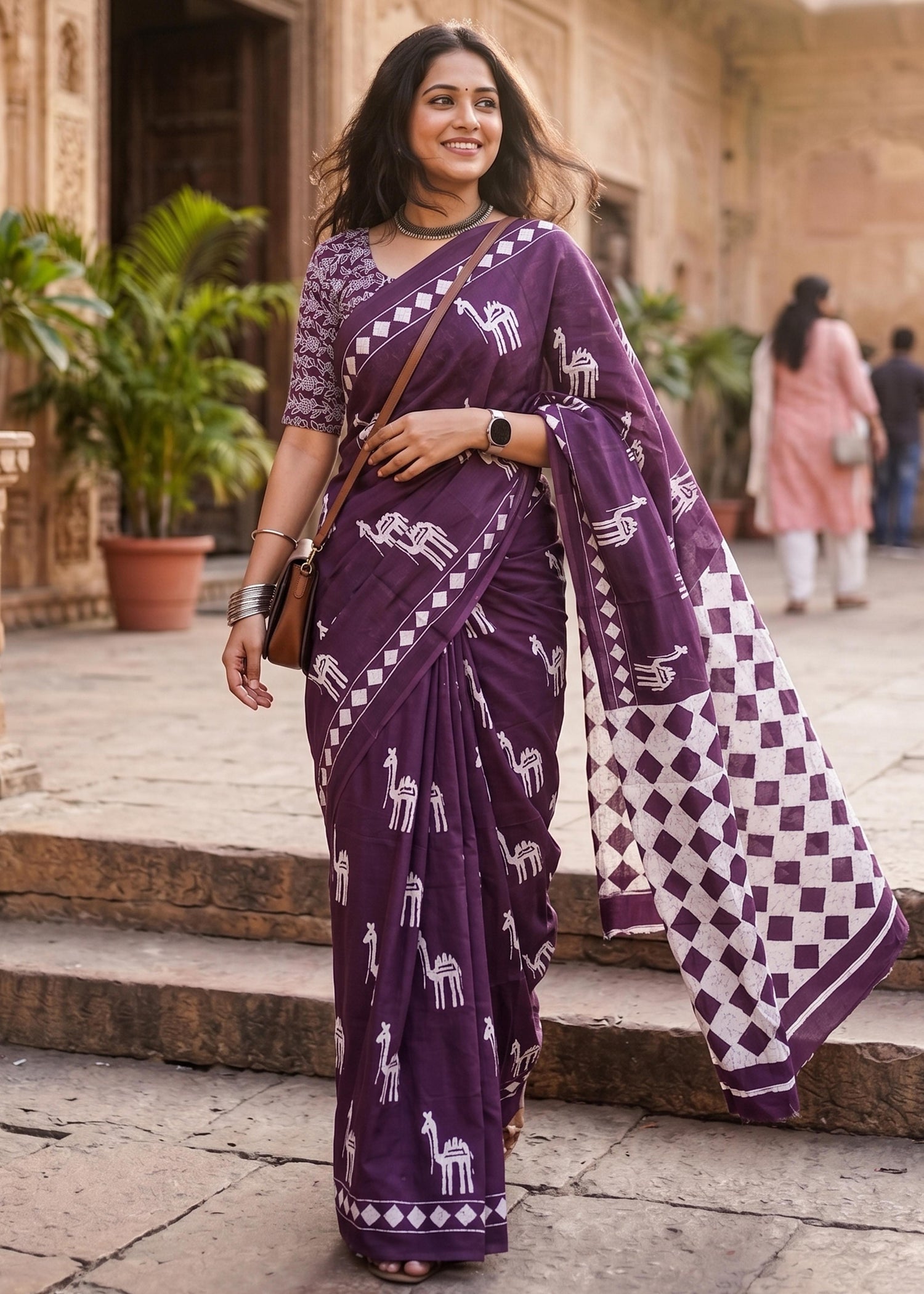 Purple Pure Mulmul Cotton Hand Block Print Cotton Saree 