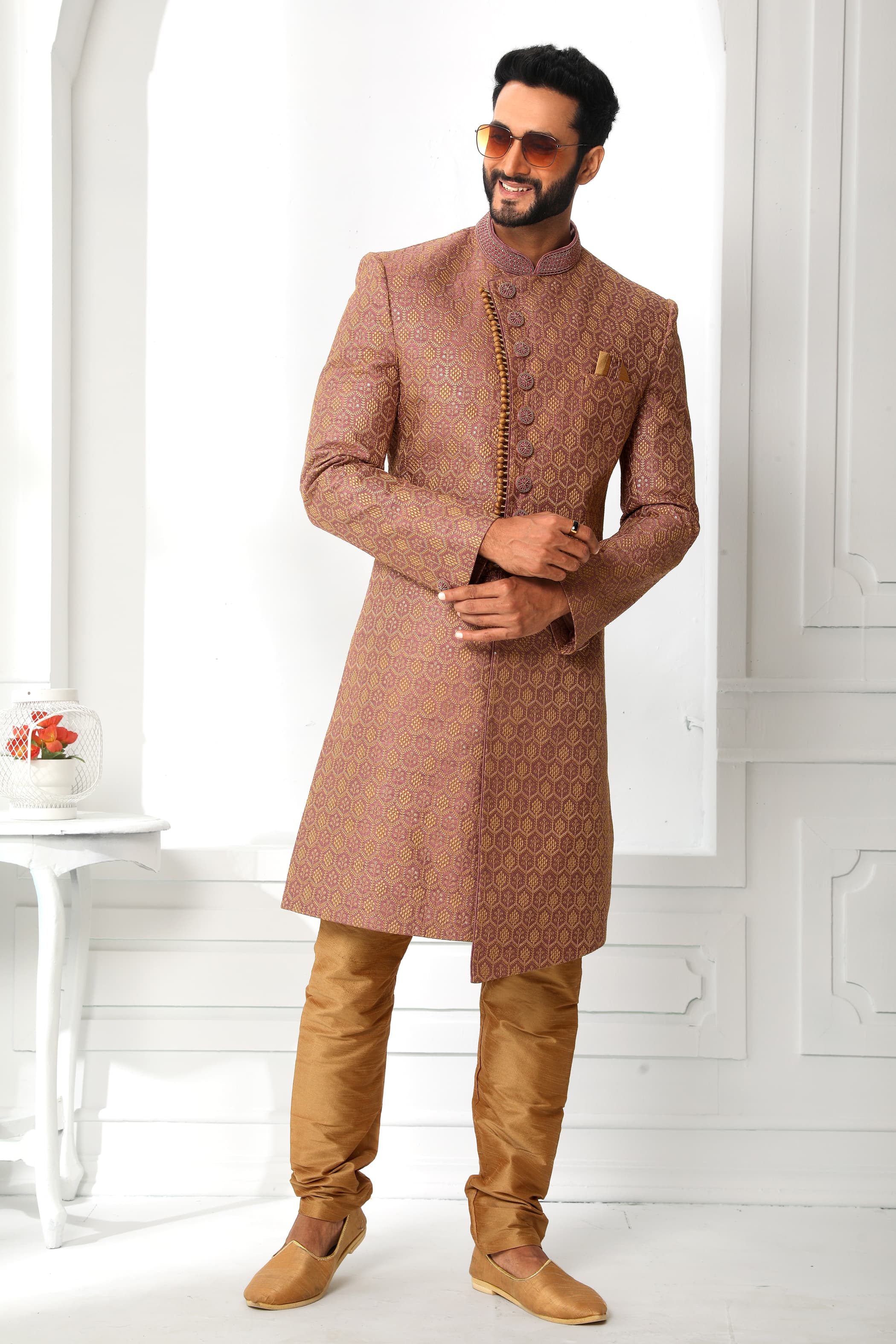 Rust Brown Embroidered Sherwani for Men