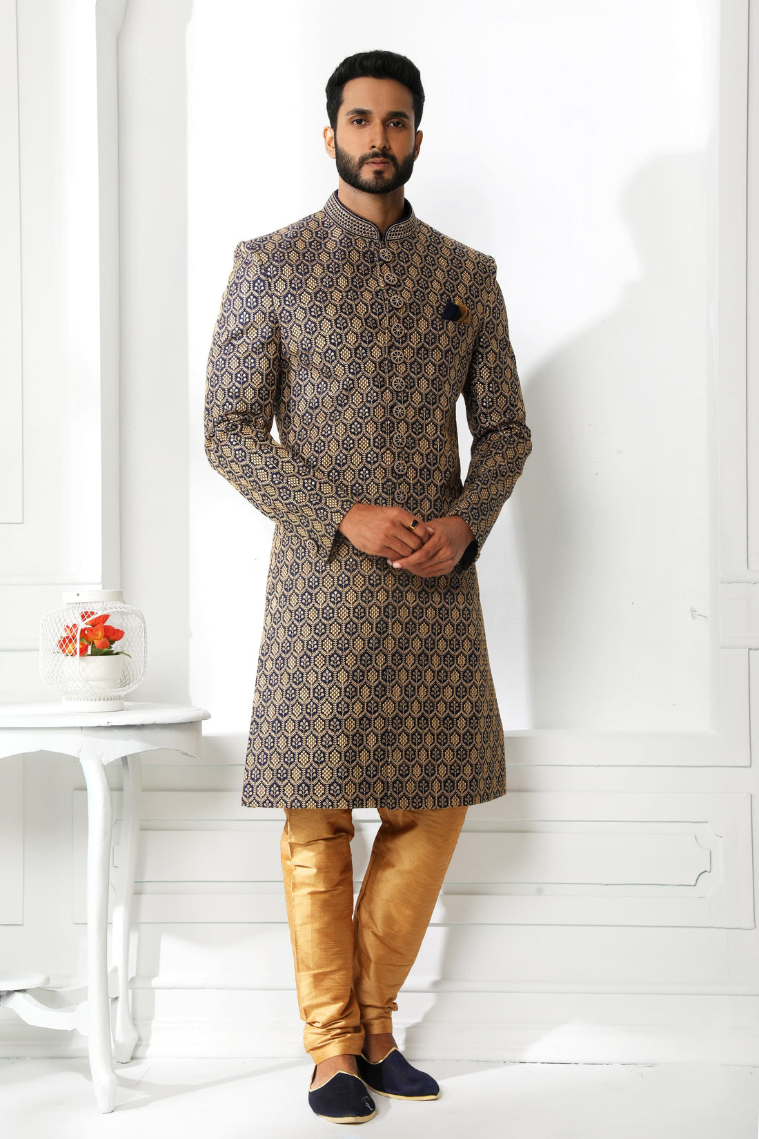 Navy Blue &amp; Gold Embroidered Sherwani for Men