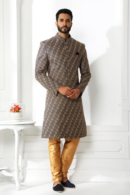 Navy Blue &amp; Gold Embroidered Sherwani for Men